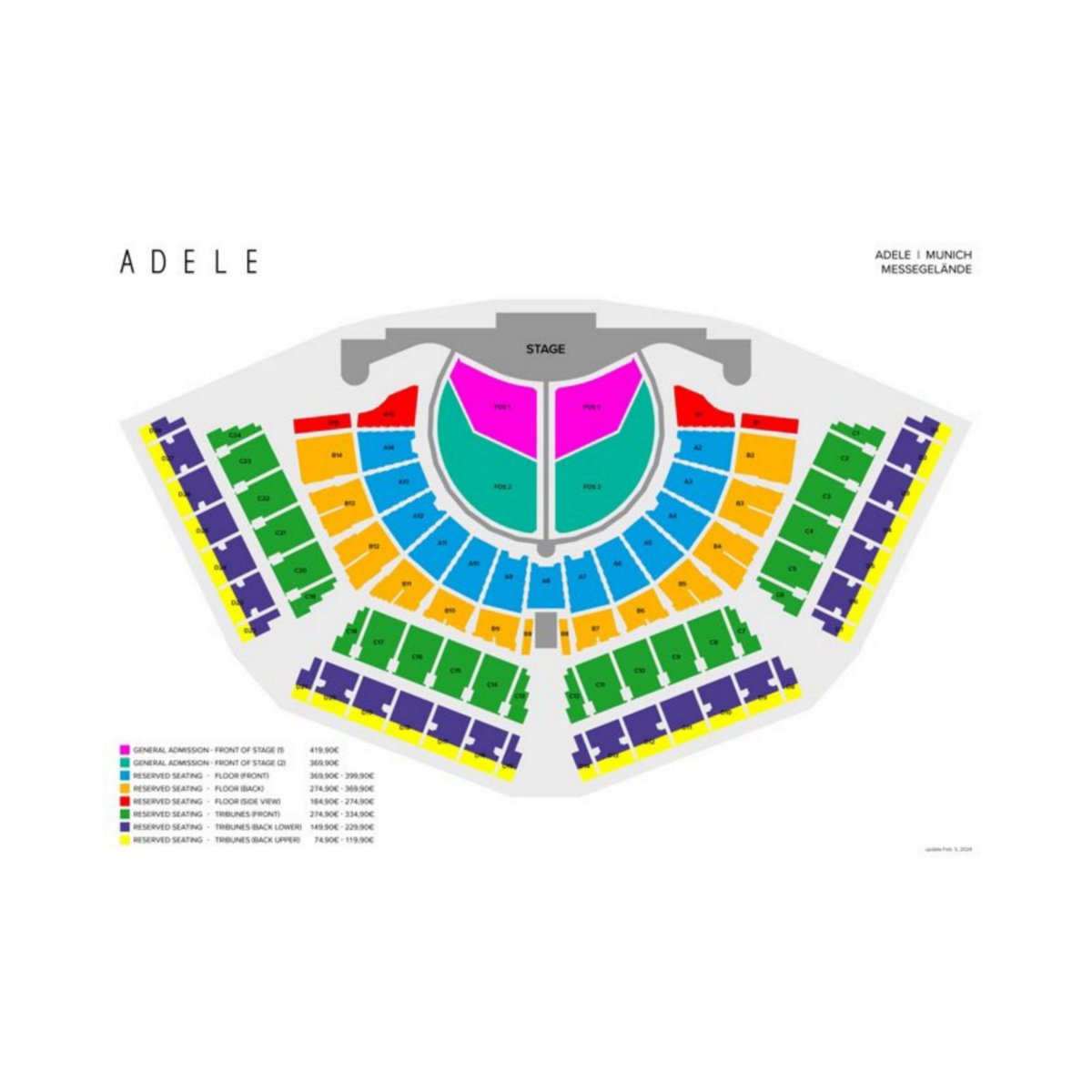 Ticketmaster has released the map of Adele in Munich with prices ranging between €74.90 and €419.90. — Pre-sale starts tomorrow. #AdeleInMunich