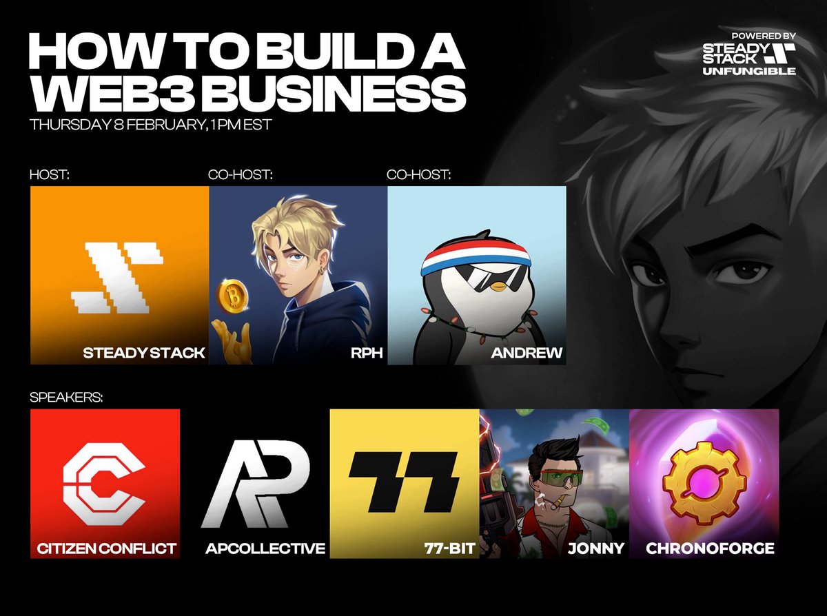 SteadyStackXYZ's tweet photo. RT + SET REMINDER to WIN S2 MERCH ($150 USD value)🤝

Join us on Thursday as we dive into how to build a web3 business! 

👇 Joined by these amazing guests

💎@CitizenConflict 
💎@apcollective 
💎@TheAndrewForte 
💎@77BitOfficial 
💎@hustlepedia 
💎@playchronoforge https://t.co/M5JEN3sco0
