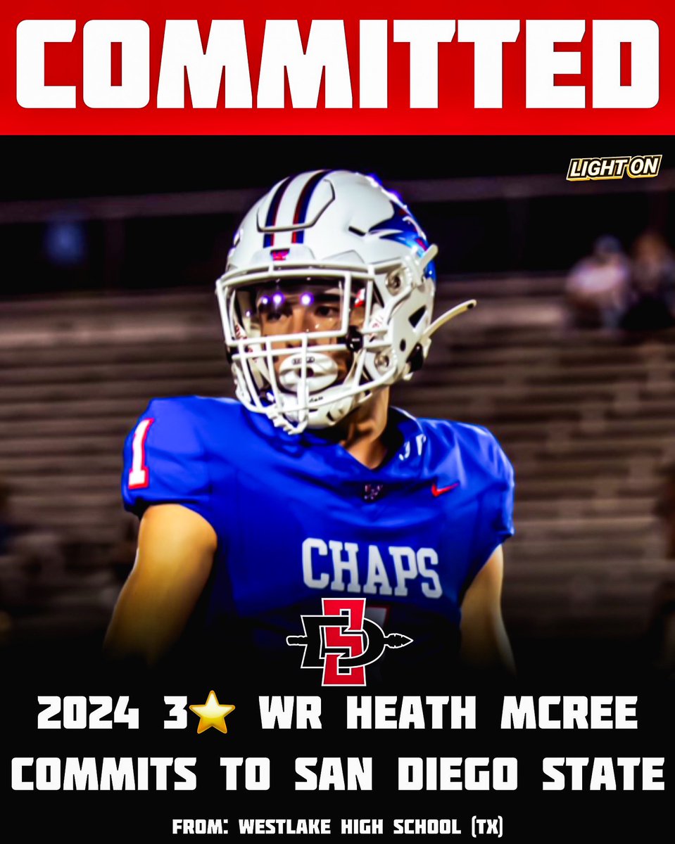 2024 3⭐️ WR Heath McRee has committed to San Diego State, per his social media. ⚫️🔴

The Westlake High School (TX) product chose the Aztecs over offers from James Madison, UTEP, &amp; Nevada. 

#AztecFAST <a href="/HeathMcRee0/">Heath McRee</a>