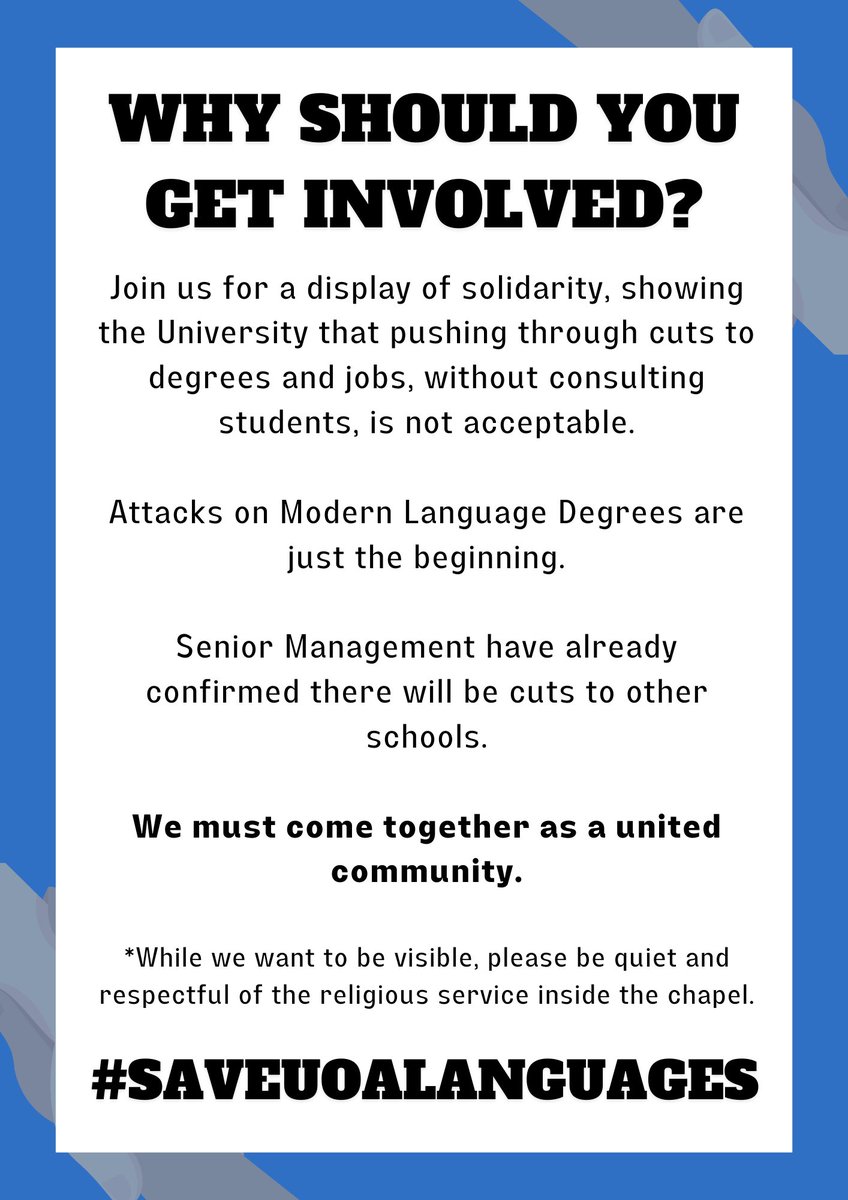 Now that the information has been leaked, join @ausatweet for a protest at the University Founders' Day event.

📍Kings College Chapel Lawn
⏰Saturday 10th, 10:00

Tell your friends! Staff, students and the public welcome.

#SaveUoALanguages 

@aberdeen_ucu @thegaudie