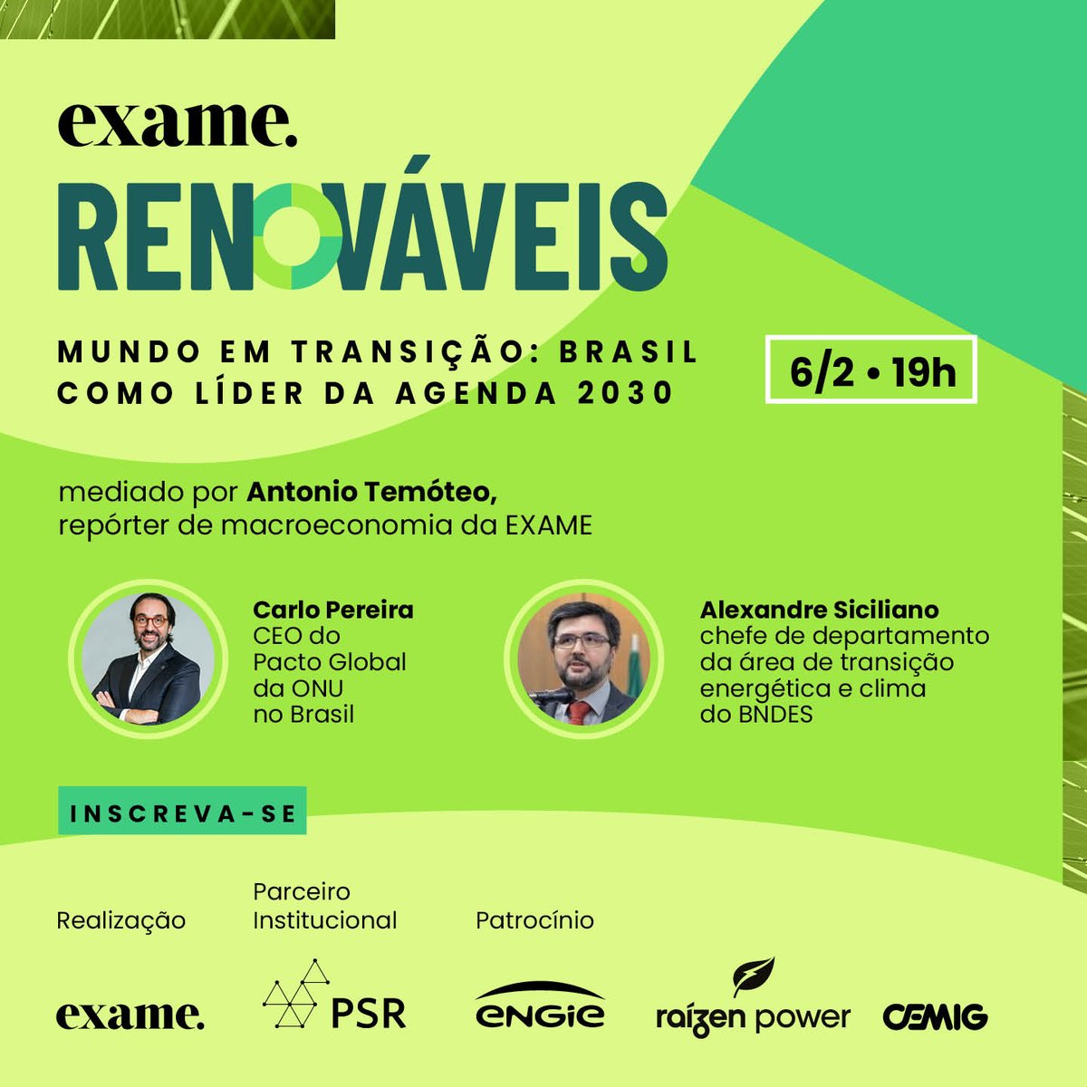 exame's tweet image. 🔴 HOJE ÀS 19H: bit.ly/3ufkFbL | Explorando a Transição Energética e a Agenda 2030! Antonio Temóteo da EXAME discute com Alexandre Siciliano do BNDES e Carlo Pereira, CEO do Pacto Global da ONU no Brasil. Insights poderosos sobre o futuro energético. Acompanhe!

#EXAME