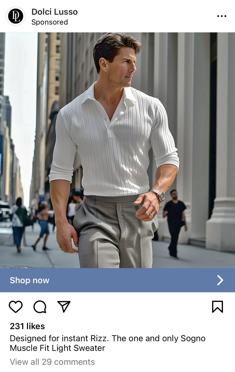 danpantelo's tweet photo. AI Tom Cruise wants YOU to buy drop shipped menswear from AI generated landing pages https://t.co/FCIKaLFdOe