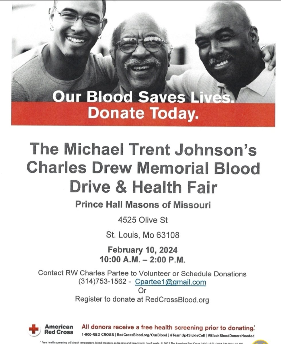 This Saturday, February 10th, from 10am-2pm, head over to the Prince Hall Masons of Missouri to support the Charles Drew Memorial Blood Drive & Health Fair! Prior to donating, all blood donors will receive a free health screening by the American Red Cross!