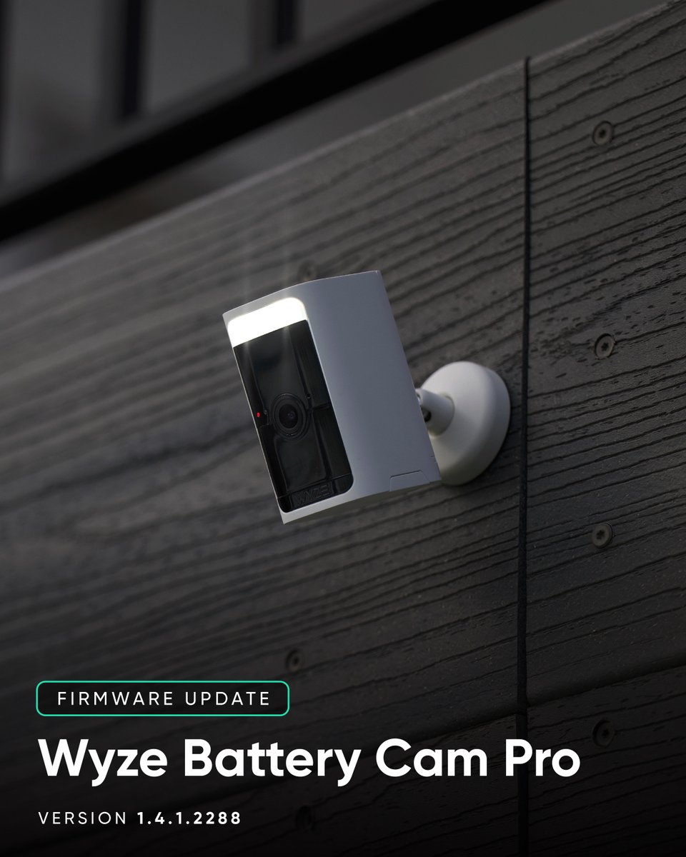 Wyze Battery Cam Pro firmware 1.4.1.2288 is releasing with Smart Detection Events in Event Recording, turning on/off the spotlight from sunset to sunrise when motion is detected, and a fix for battery drop all requiring app 2.49+. Read our Release Notes: go.wyze.com/releasenotes