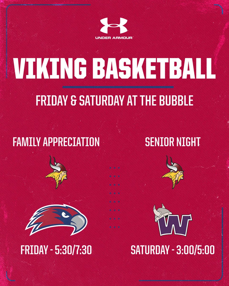Our final 🏀 regular season home games are this weekend at The Bubble!

Join us Friday for Family Appreciation Night and Saturday for Senior Night!

Friday 🆚 Viterbo, 5:30/7:30 p.m.
Saturday 🆚 Waldorf, 3:00/5:00 p.m.

#VikingPride