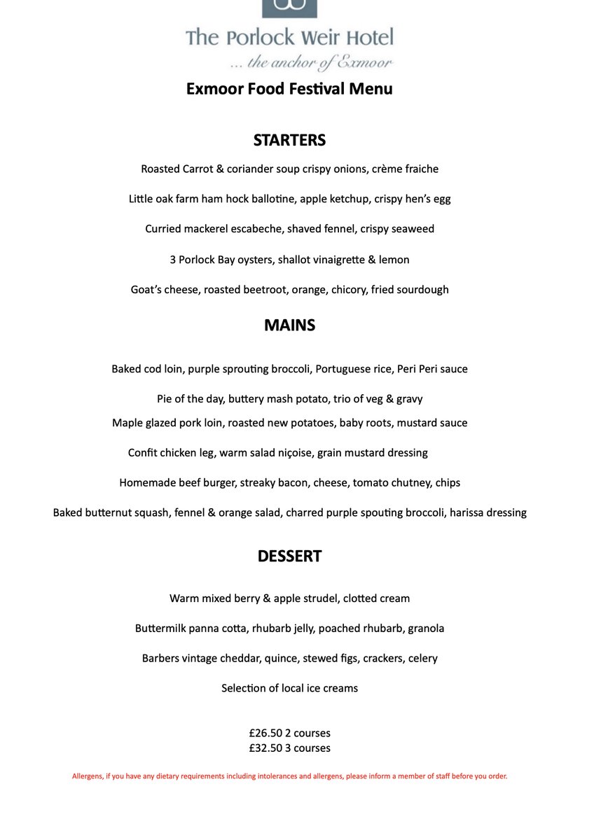 Here is the Exmoor Food Fest menu from The Porlock Weir Hotel!
2 courses £26.50
3 courses £32.50
Lunchtime only.
Go and check it out - and have a fabulous time!

#Exmoor #ExFF24 #ExmoorFoodFest #Porlock #Somerset
