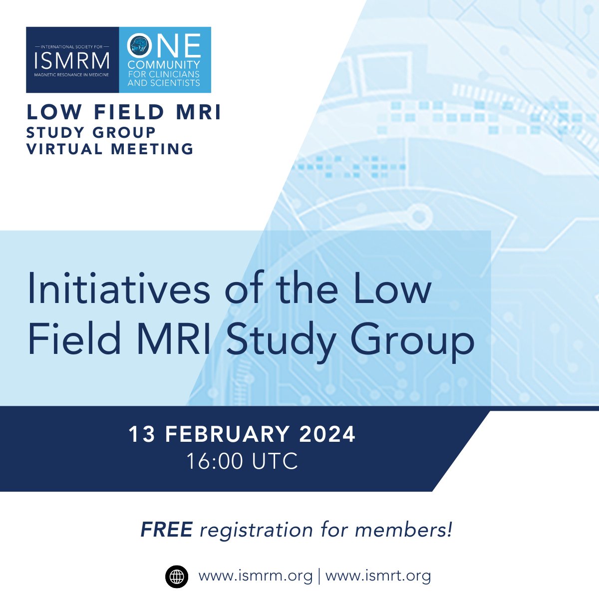 Join the discussion and learn all about the new Low Field MRI Study Group in this interactive virtual meeting: Initiatives of the Low Field MRI Study Group 13 February 2024 | 16:00 UTC FREE registration for members! Learn more: ow.ly/ssH650Qy7zA #ISMRM #ISMRT #LowFieldMRI