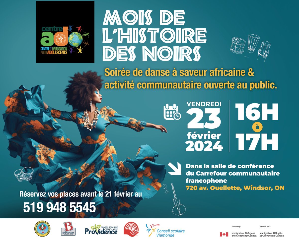#MHN2024
Célébrons le Mois de l’histoire des Noirs au Carrefour communautaire francophone avec le #CentreAdo du #CCWEK.
Soirée de danse africaine et activité communautaire.
Ce vend. 23 fév. 2024: 16 h à 17 h au 720 av. Ouellette à Windsor. 
Réservez au 519 948 5545