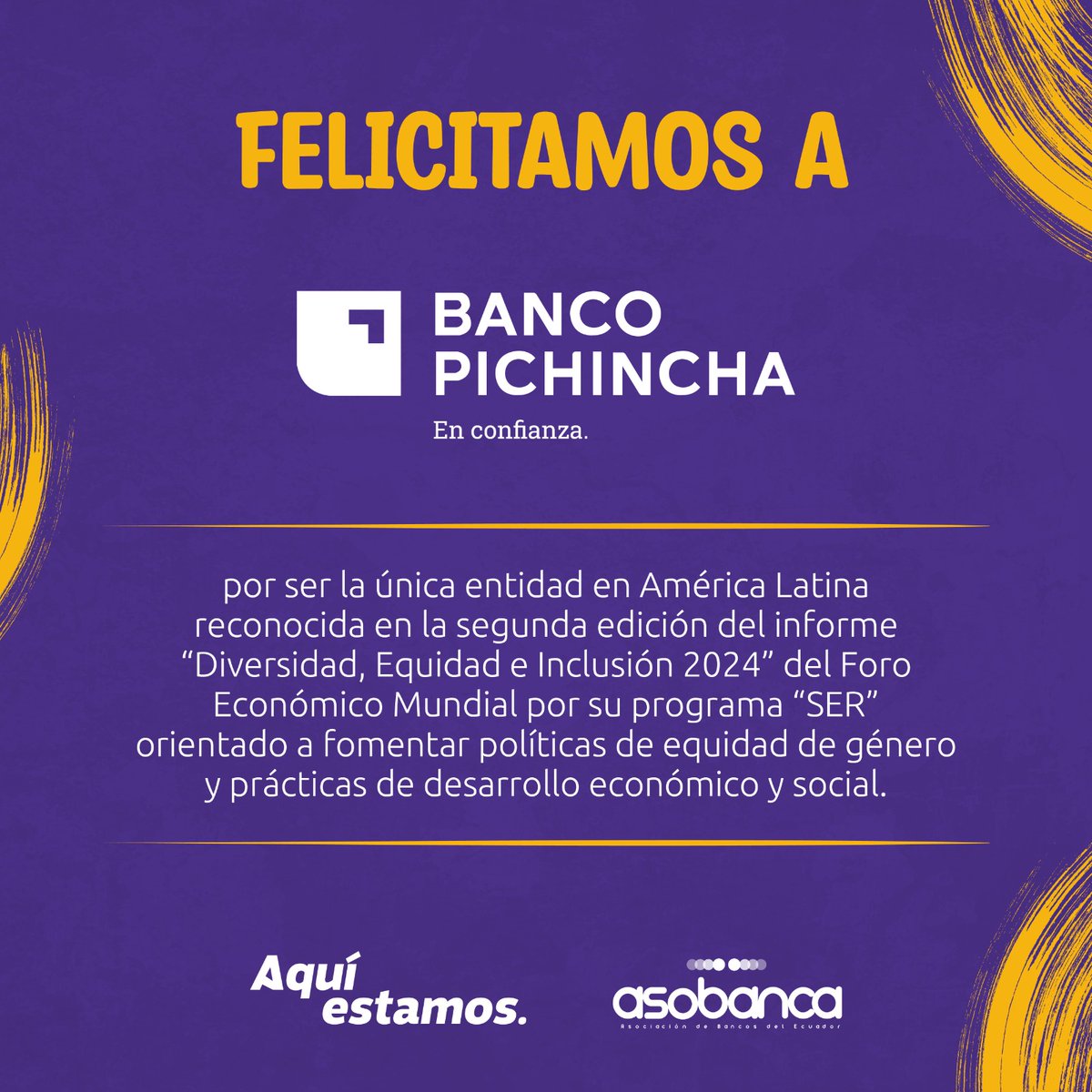 asobancos's tweet photo. #AquíEstamos para felicitar a @BancoPichincha por ser el único representante de América Latina en el prestigioso informe del Foro Económico Mundial sobre diversidad e inclusión🤝 https://t.co/oSZYzcyuXL
