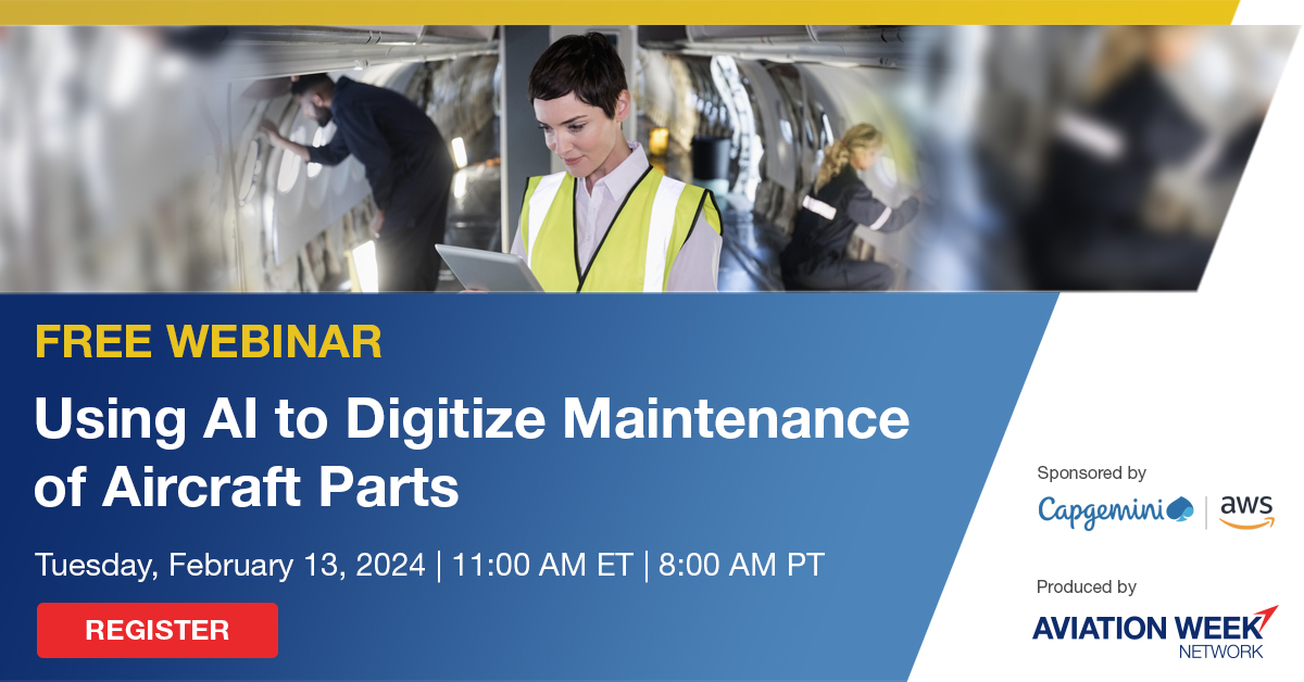 AviationWeek's tweet image. LIVE WEBINAR: Using AI to Digitize Maintenance of Aircraft Parts

Experts discuss #LifecycleOptimization for #Aerospace using #AI to digitize aircraft parts maintenance, enhance reuse, cut costs, and promote a circular economy. @Capgemini 

bit.ly/3vFfkus