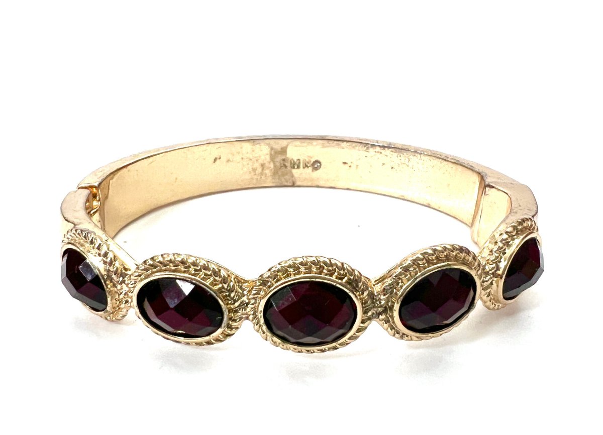 Red Stones Gold Tone Hinged Bangle Understated Elegance Classic Tailored Style Faceted Dark Red Glass Oval Stones Signed Gift for Her #VintageBangle #HingedBangle 
$68.25
➤ etsy.com/listing/111635…