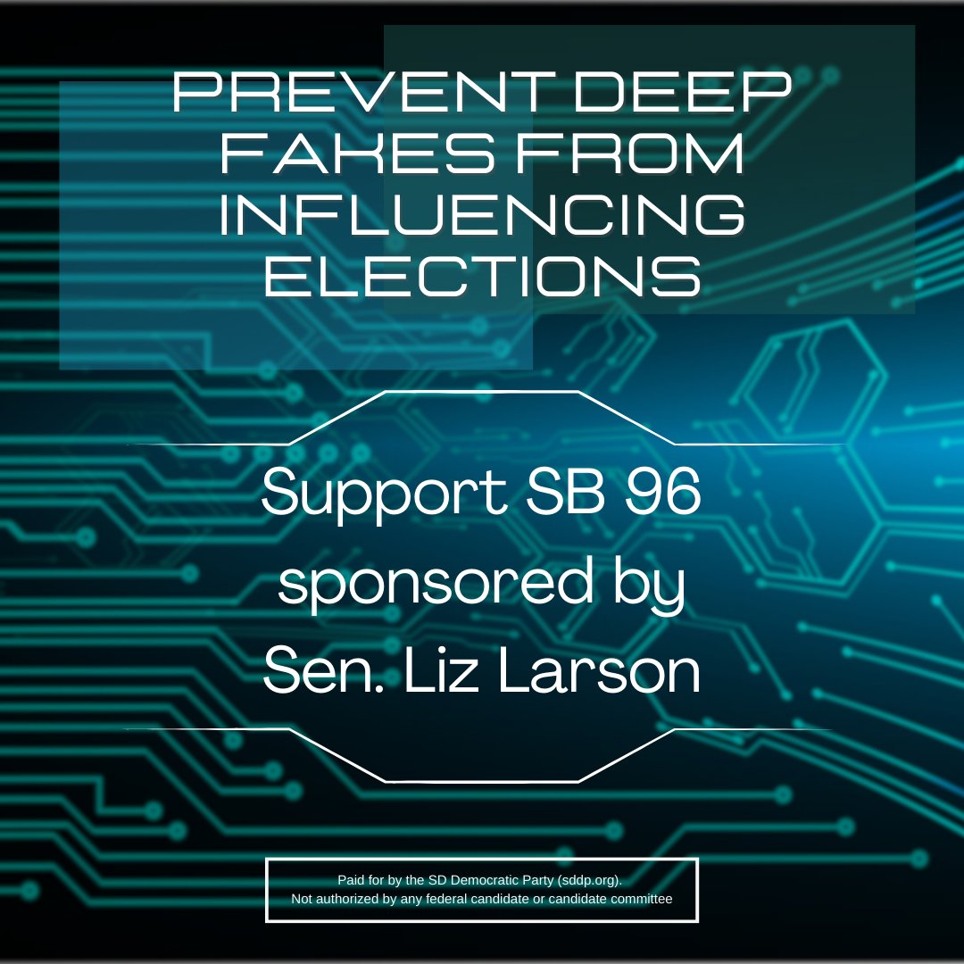 Our elections are sacred and need to be protected against false information.

<a href="/LizLars02133825/">Senator Liz Larson</a> is introducing SB 96 to prevent deep fakes from influencing elections in South Dakota. Tell Senate State Affairs to approve this crucial legislation #elections #voting #SouthDakota