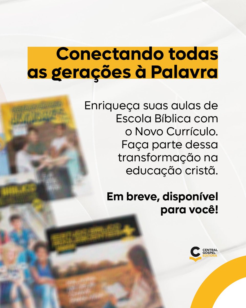 Em parceria com a Editora David C Cook, chegou um Novo Currículo que transformará seu aprendizado bíblico. Com abordagem inovadora e temas atuais, prepara professores e alunos para uma conexão profunda com a Palavra. Enriqueça suas aulas de Escola Bíblica !
