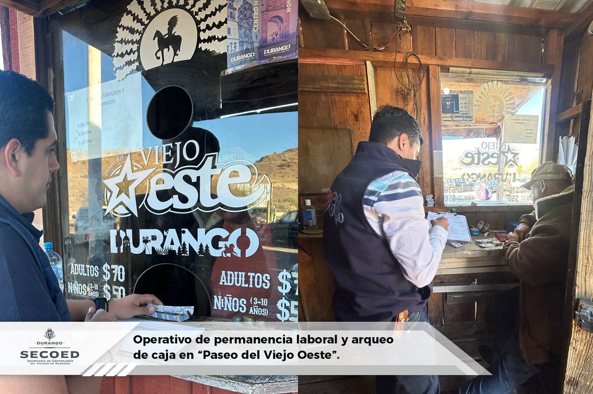 SECOTED's tweet photo. Para verificar que los colaboradores del Gobierno de @EVillegasV se conduzcan con eficiencia y responsabilidad, los Órganos Internos de Control realizaron durante el fin de semana operativo de permanencia laboral y arqueo de caja en "Paseo del Viejo Oeste".
@dgosectur 
@fept_dgo https://t.co/5MA8iWH729