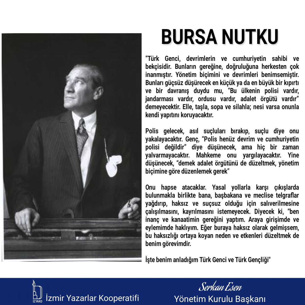 Tam 91 yıl önce ulu önderimiz Mustafa Kemal Atatürk tarafından Türk Gençliğine hitaben seslendirilen Bursa Nutku bugün de tüm gençlerimiz tarafından özümsenmelidir. Her Türk evladı Atatürk ve Cumhuriyet devrimlerinin savunucusu olmak zorundadır. 
#BursaNutku #MustafaKemalAtatürk