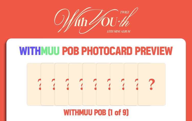 wts lfb ph

Twice with you-th withmuu pob pc

₱350ea
₱150 dp; rembal once onhand
under FETA-SFETA

Nayeon ✅
Jeongyeon ✅
Momo ✅
Sana ✅
Jihyo ✅
Mina ✅
Chaeyoung ✅
Dahyun ✅
Tzuyu ✅

# pcs photocard photocards poca pocas tingi pooling youth pre order 13th mini album