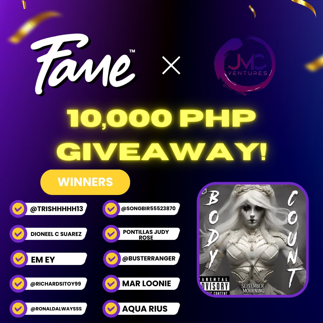 jmcventures's tweet photo. JMC Ventures x @Famebydexy GCash Giveaway!🥳 

Prize: 10,000 PHP

Winners:
@Trishhhhh13
Dioneel C Suarez (FB)
Em Ey (FB)
@richardsitoy99
@ronaldalwaysss
@SONGBIR55523870
Pontillas Judy Rose (FB)
@BusterRanger
Mar Loonie (FB)
Aqua Rius (FB)

Message @nyeffz in 24hrs for your prize https://t.co/I3kg1EmQZv