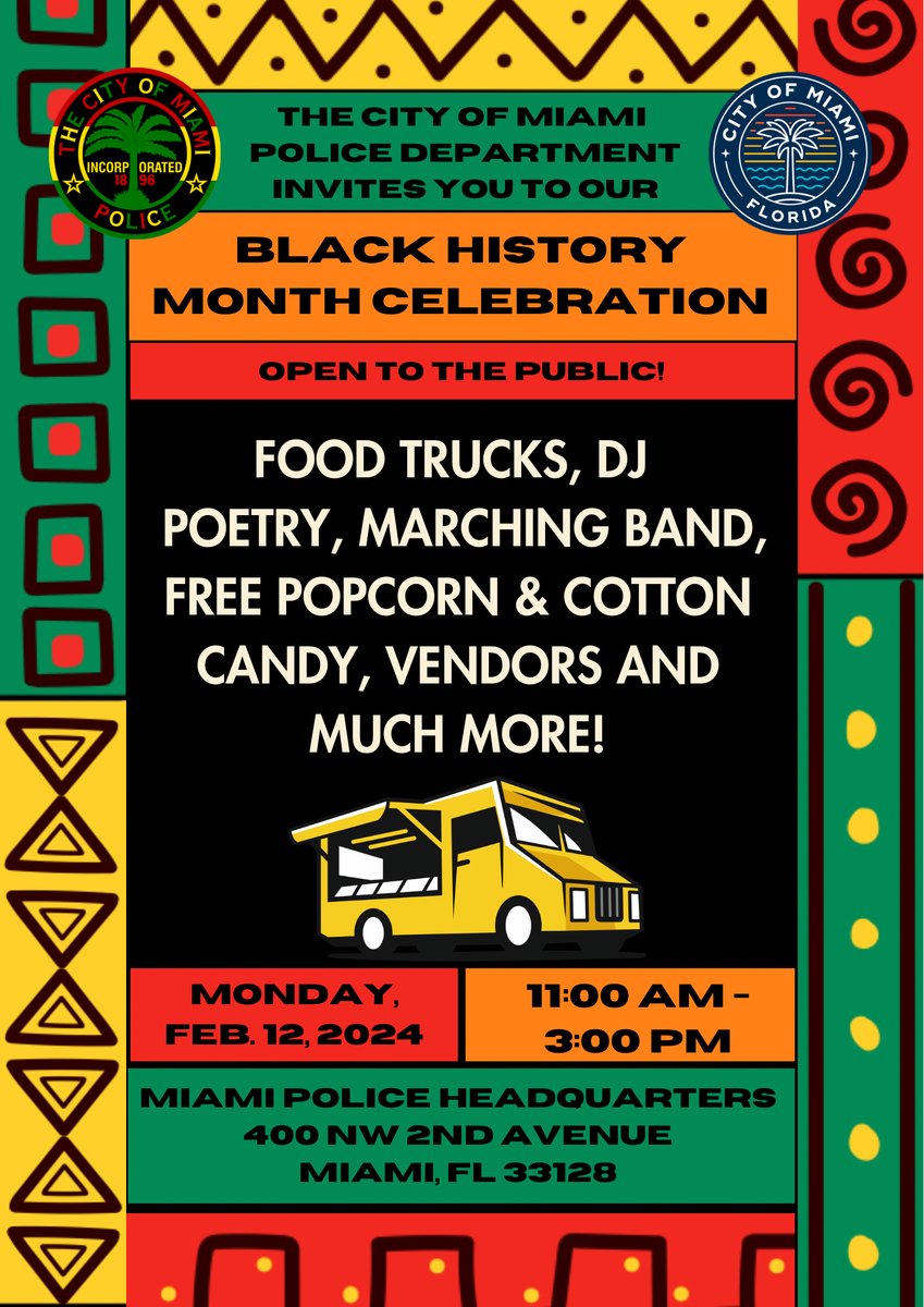 Black History Month celebration happening Monday February 12th from 11am-3pm. There will be music, food trucks, and much more. This event is free and open to the public to attend. #BlackHistoryMonthCelebration
