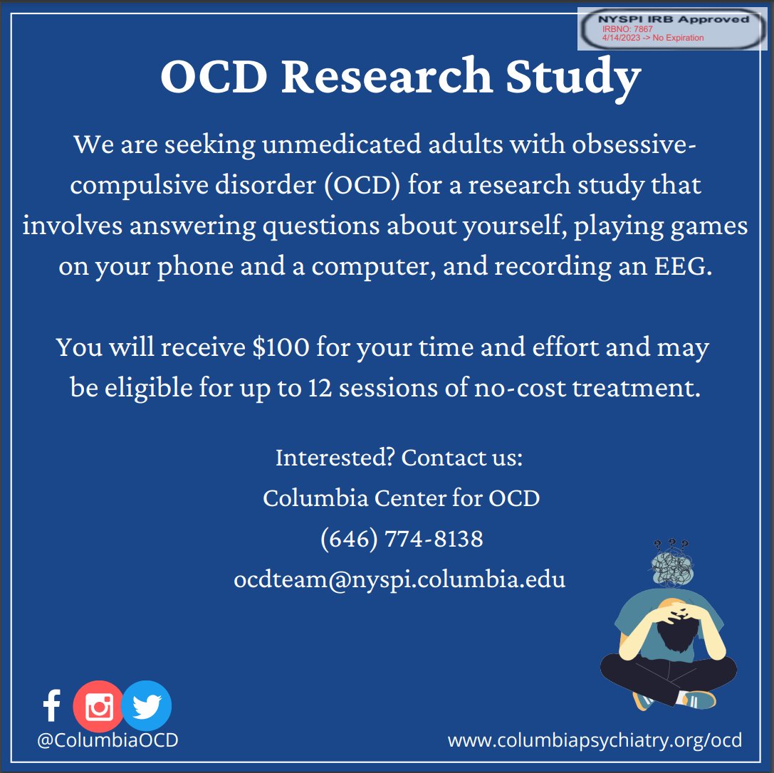 We are recruiting individuals with OCD for a paid research study. Visit the link in our bio to fill out a brief survey if you are interested in participating!
