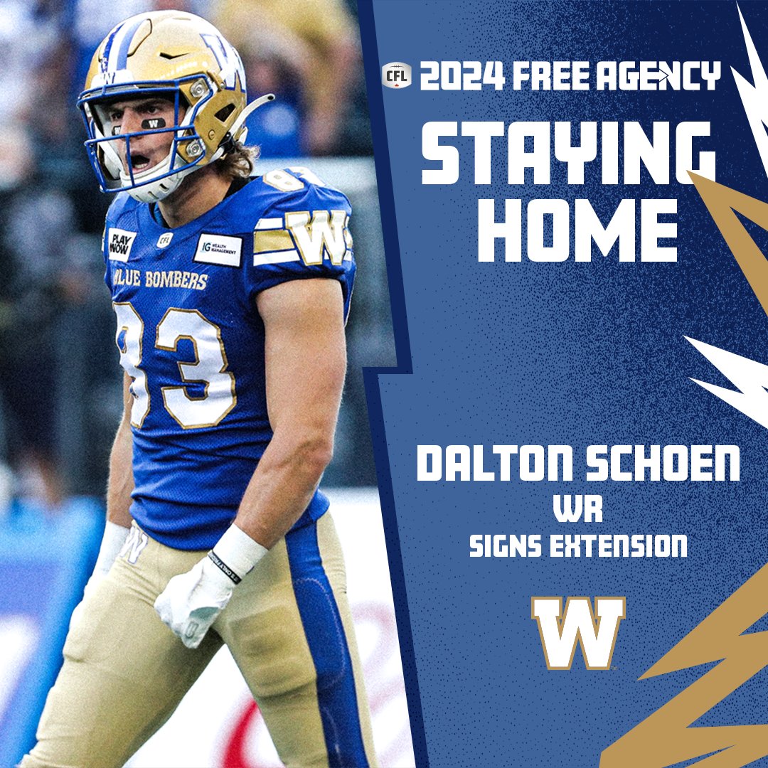 Schoen Stays. Dalton Schoen has inked a one-year extension with the @Wpg_BlueBombers. 🗞: bit.ly/3UwmjQF #CFL