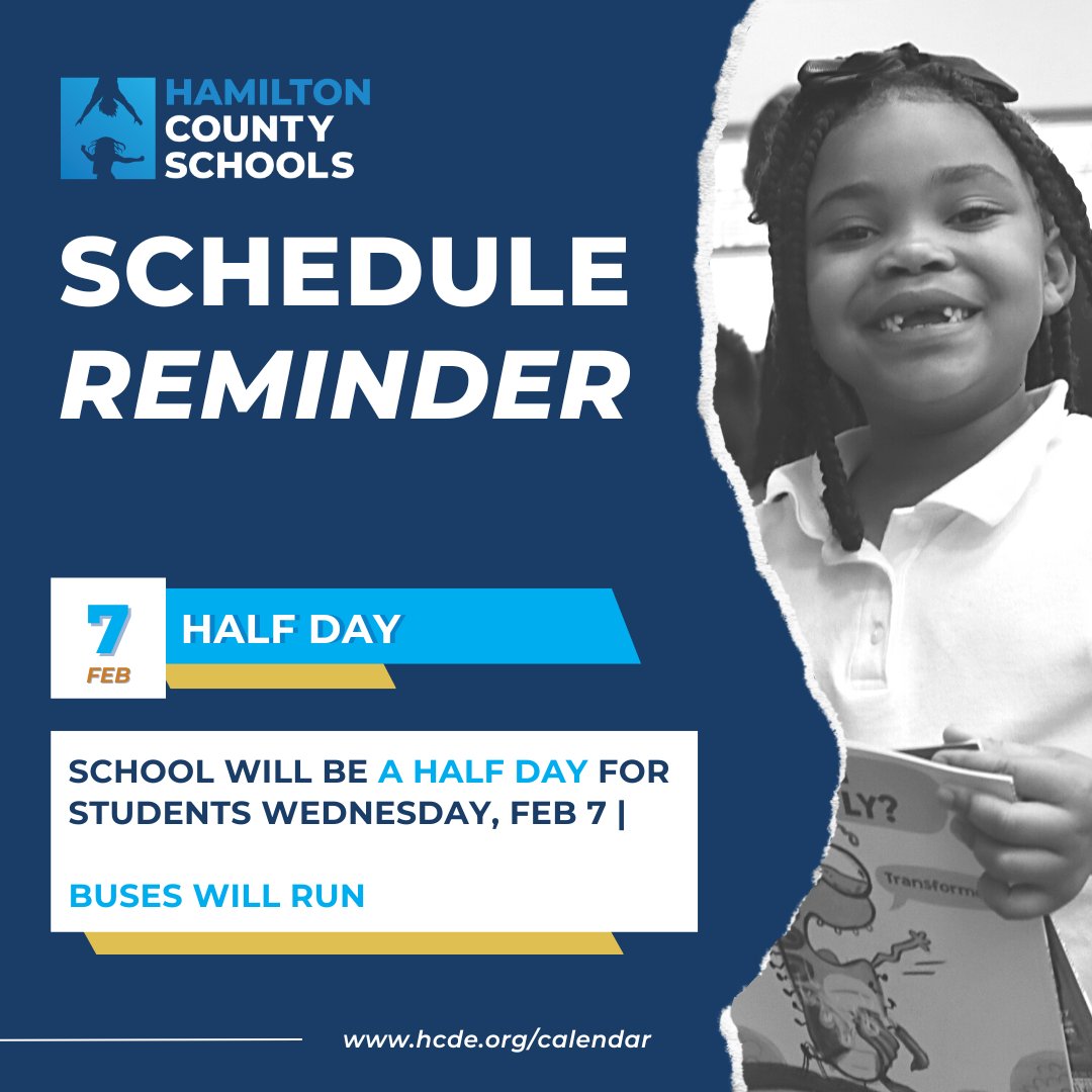 Schedule Reminder 🚨Tomorrow, Feb. 7, will be a half day for students. Buses will run on the half day schedule. To view the full school calendar, visit hcde.org/calendar