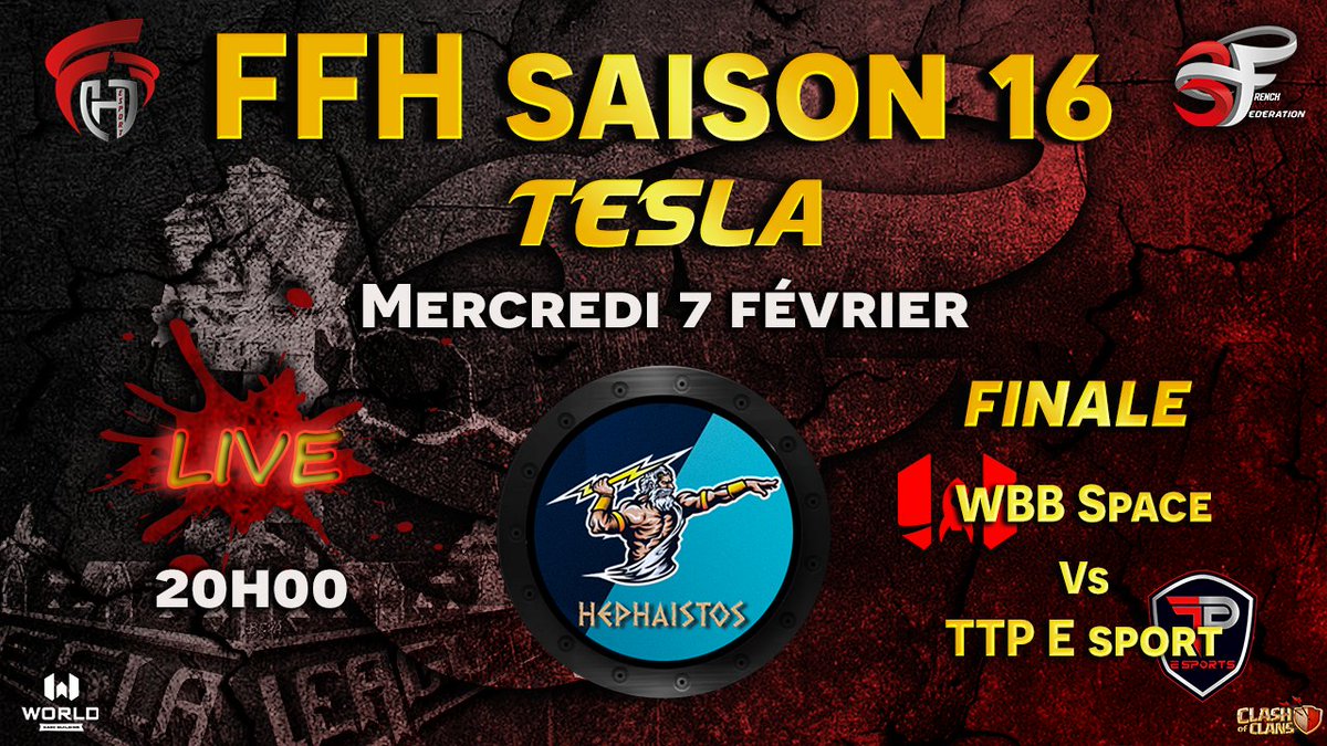 Hephaistos (@hephaistoscoc) on Twitter photo Oyé Ôyé Ami Clasheur
Demain soir à 20h00 aura lieu le grand dénouement de la <a href="/3Fcoc/">French Family</a> Tesla !
Qui de @WBB_Space ou de @ttp_esports sera sacré champion ?
Je vous attends nombreux pour assister à un match d'anthologie !
Merci <a href="/BelaMpl/">Hangar B (Béla)</a> pour les miniatures.
twitch.tv/hephaistoscoc Oyé Ôyé Ami Clasheur
Demain soir à 20h00 aura lieu le grand dénouement de la <a href="/3Fcoc/">French Family</a> Tesla !
Qui de @WBB_Space ou de @ttp_esports sera sacré champion ?
Je vous attends nombreux pour assister à un match d'anthologie !
Merci <a href="/BelaMpl/">Hangar B (Béla)</a> pour les miniatures.
twitch.tv/hephaistoscoc