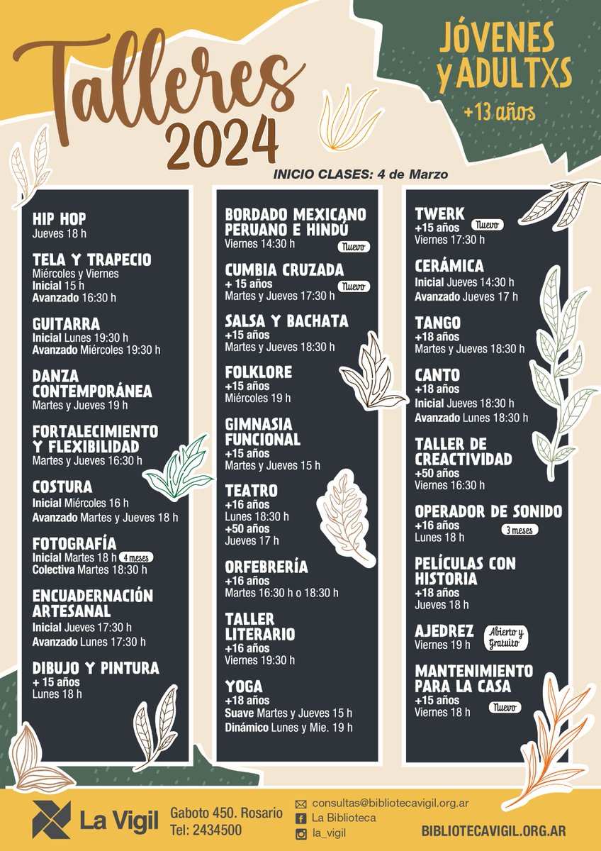 #LaVigilResiste y vuelve al ruedo con sus talleres!!! 
¡Ya está la grilla 2024 de TALLERES PARA JÓVENES Y ADULTXS! (+13 años) Nuevas opciones y las que ya conocés para hacer lo que más te gusta, como siempre, de manera súper accesible.
bibliotecavigil.org.ar/inicio/tallere…