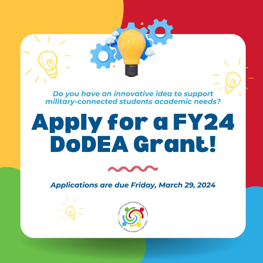 dodeagrants's tweet photo. Join @DoDEA in supporting military-connected students! Seeking innovative applications to meet student academic needs. ๐๐ฌ #DoDEAgrant #MilitaryStudent #GrantOpportunity Learn more at: https://t.co/Y7GYrZYkW9 https://t.co/MEPzHRoOKg