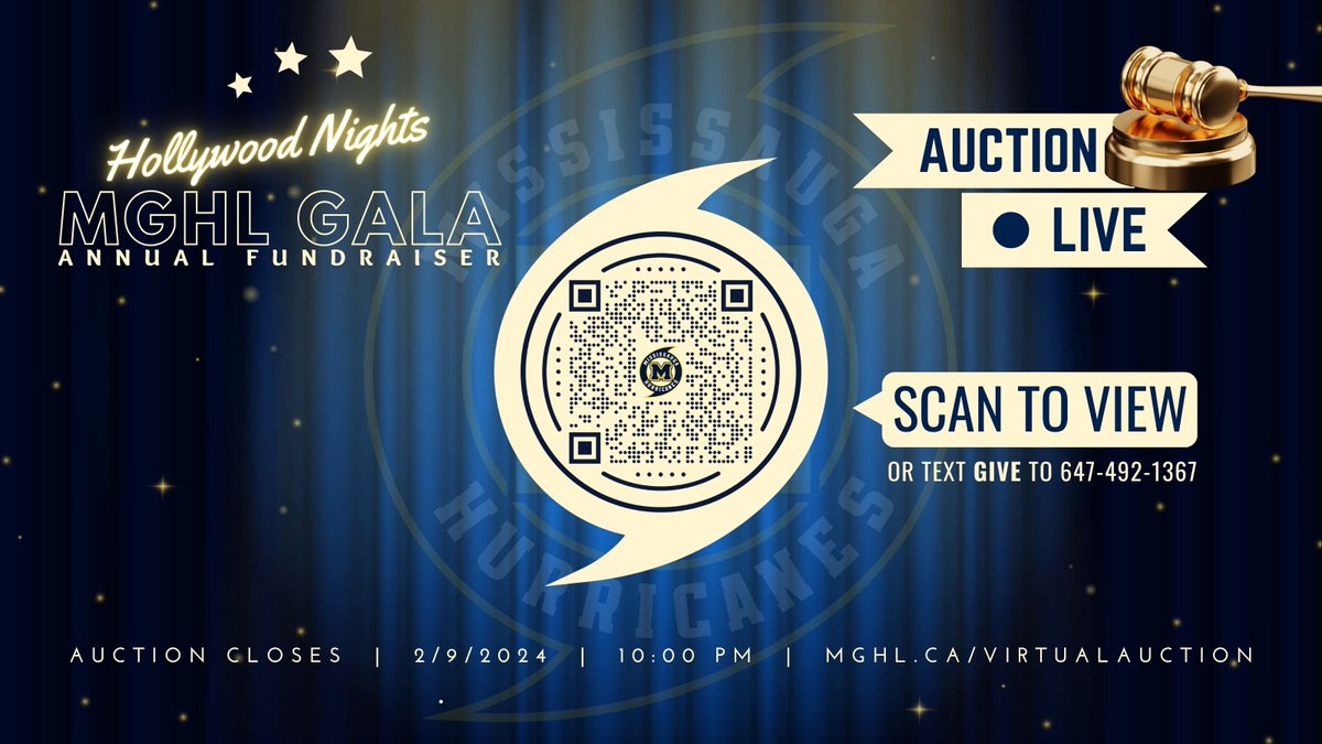 ✨🎬 The #MGHLAnnualGala, Hollywood Nights, is this FRIDAY & our Virtual Auction is OPEN NOW! Scan the QR Code to check it out & start bidding on some AMAZING items to support our #MGHLHurricanes 📸🏒 🎟️ 👜🍷🍻🥃 #HollywoodGala #Fundraiser #FORCE #girlshockey #mississauga #owha