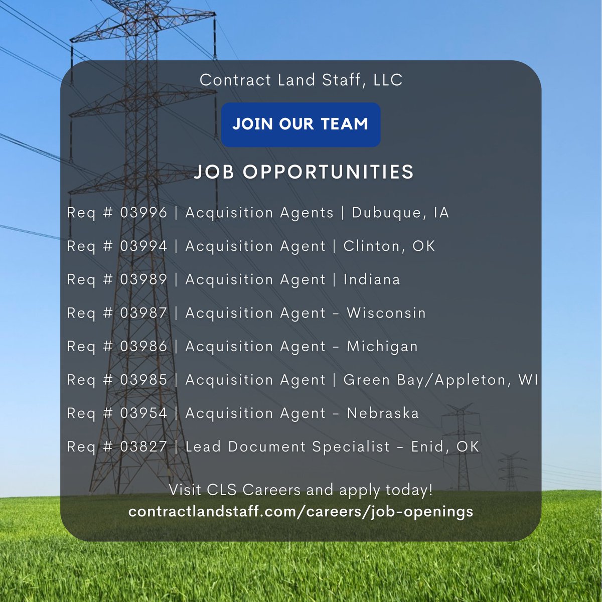 CLSRightofWay's tweet photo. We are hiring! CLS offers excellent job opportunities for Acquisition Agents. If you're looking for a rewarding career, we encourage you to explore the possibilities with us.
Learn more: https://t.co/AXNMvovdsg

#CLScompanies #hiring #careeropportunities #jobs https://t.co/B7NKuGP5nY