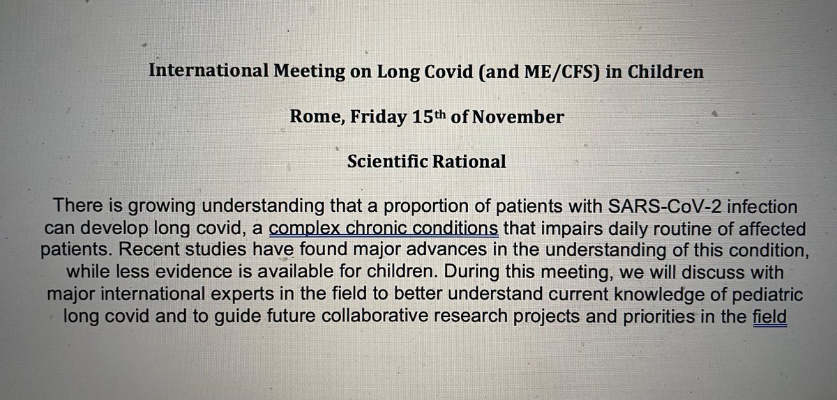 I’m incredibly happy to preliminary inform you all that on November 15th, In Rome, we will host an
International Meeting on #LongCovid (and #MECFS ) in children 

already confirmed speakers 
<a href="/PutrinoLab/">Putrino Lab</a> 
<a href="/resiapretorius/">Resia Pretorius</a> 
<a href="/BinitaKane/">Binita Kane</a> 
<a href="/LongCovidKids/">Long Covid Kids / longcovidkids@bsky.social</a> 
<a href="/WHO/">World Health Organization (WHO)</a> 
<a href="/BrodinPetter/">Petter Brodin</a> 

1/