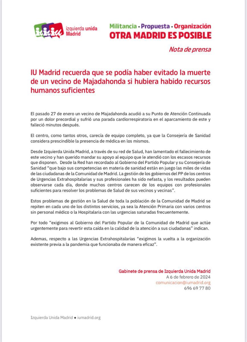 La Red de Salud ante el fallecimiento del vecino de Majadahonda. Un abrazo grande a familia y amigxs así como a lxs profesionales que le atendieron
