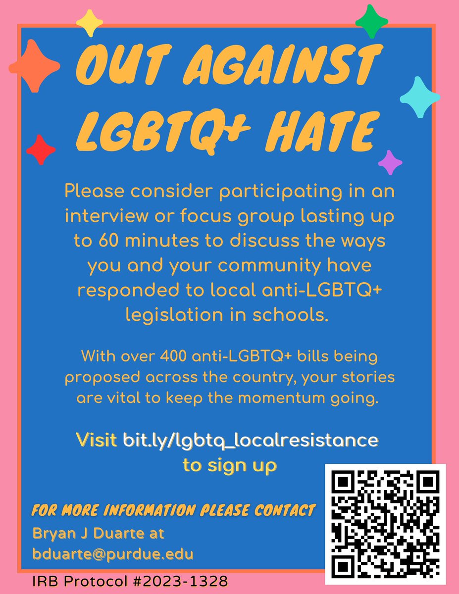 PARTICIPANT CALL!🔈: 
Myself along with <a href="/BryanJDuartePhD/">Bryan J. Duarte</a> are still collecting data for our IRB-approved study to examine how local communities respond to anti-LGBTQ+ legislation affecting their schools!
