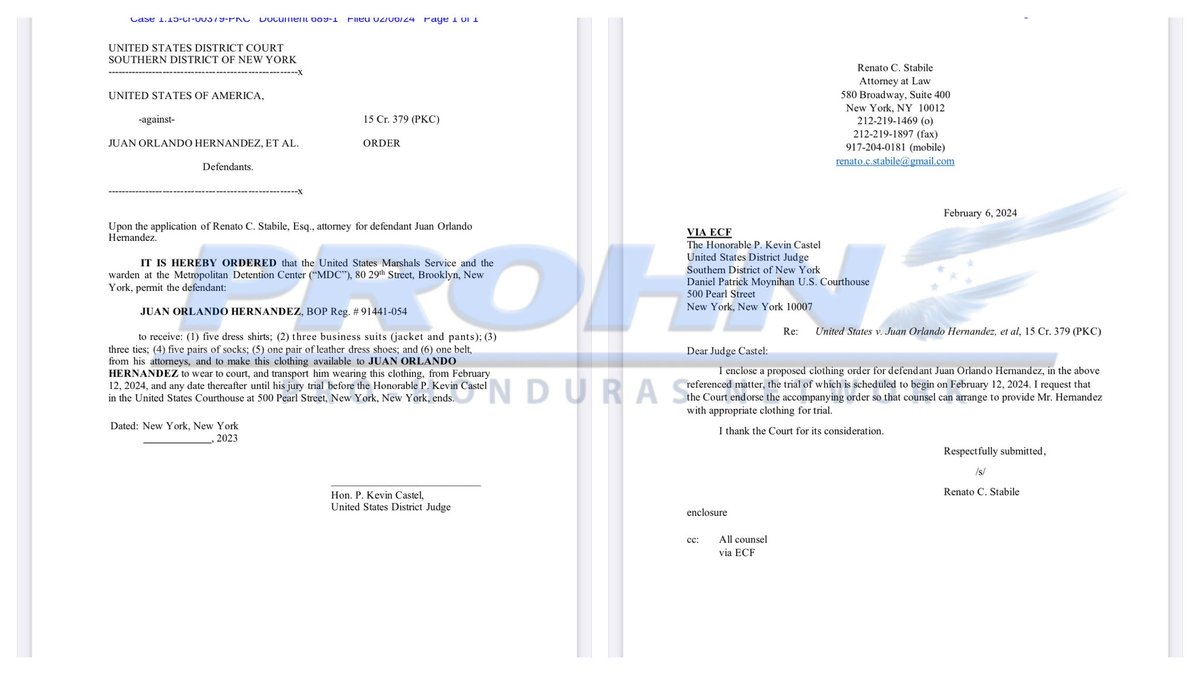 🔴ULTIMA HORA🔴

Washington DC, 6 de febrero de 2023.

💢CONFIRMADA LA FECHA DEL JUICIO  PARA EL 12 DE FEBRERO💢

Información oficial de Renato C. Stabile abogado defensor de  <a href="/JuanOrlandoH/">Juan Orlando Hernández</a> solicita cinco camisas de vestir, tres trajes de negocios,chaqueta y pantalones.

Tres