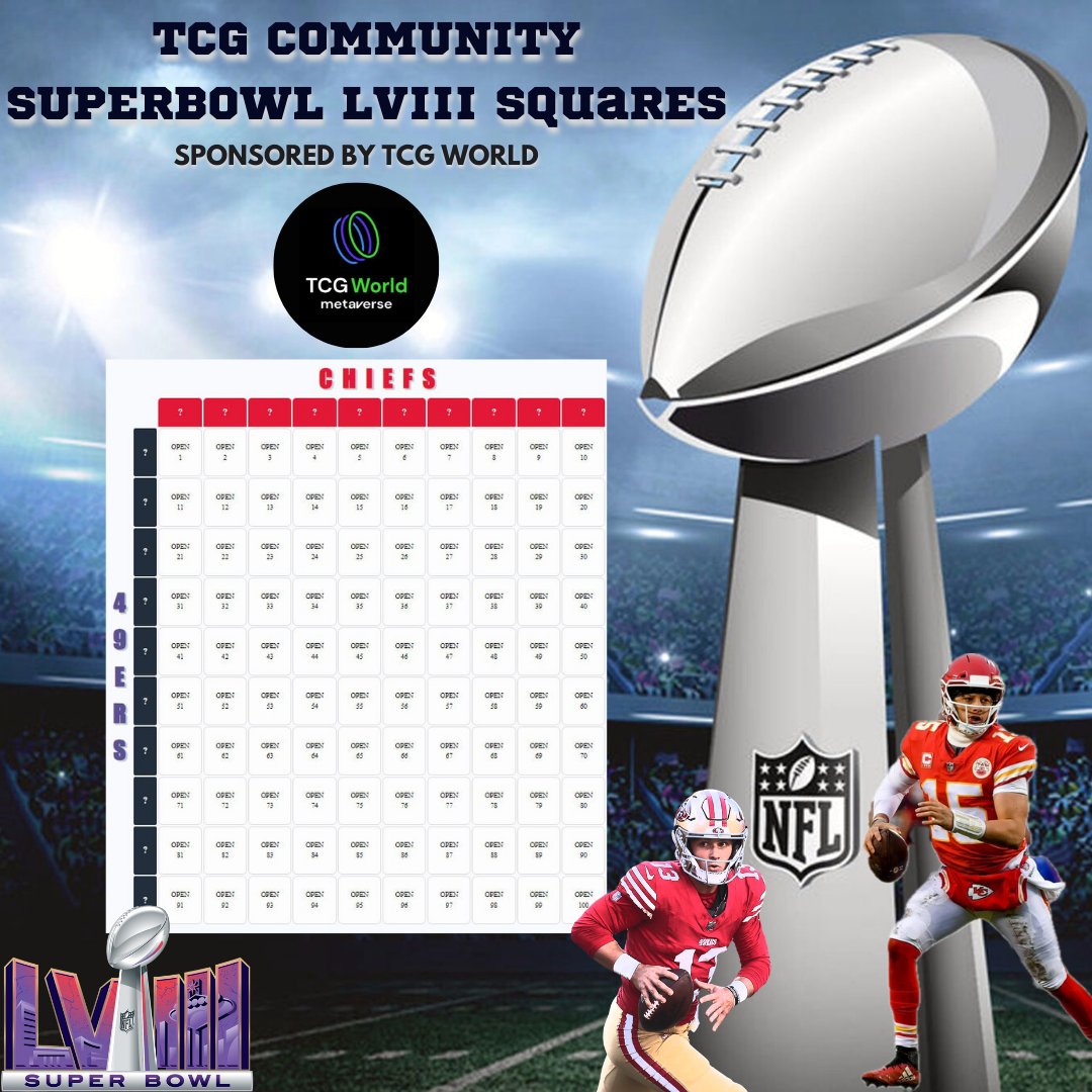 We are super excited to sponsor a TCG World Community event 📣

#Superbowl    squares 🏈 with some fantastic prizes up for grabs.

Follow us, like, repost, comment, and tag 3 friends below to be eligible for free entry!

See our telegram and discord for details

#Chiefs #49ers