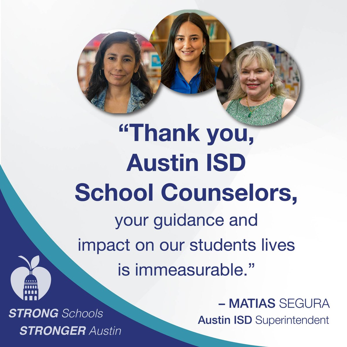 AustinISD's tweet photo. Austin ISD School Counselor Appreciation Week is February 5-9 🛋️

“Thank you, Austin ISD School Counselors, your guidance and impact on our students lives is immeasurable.”- Matias Segura, Austin ISD Superintendent 

Strong Schools, Stronger Austin 💪 https://t.co/GJFdfENUql