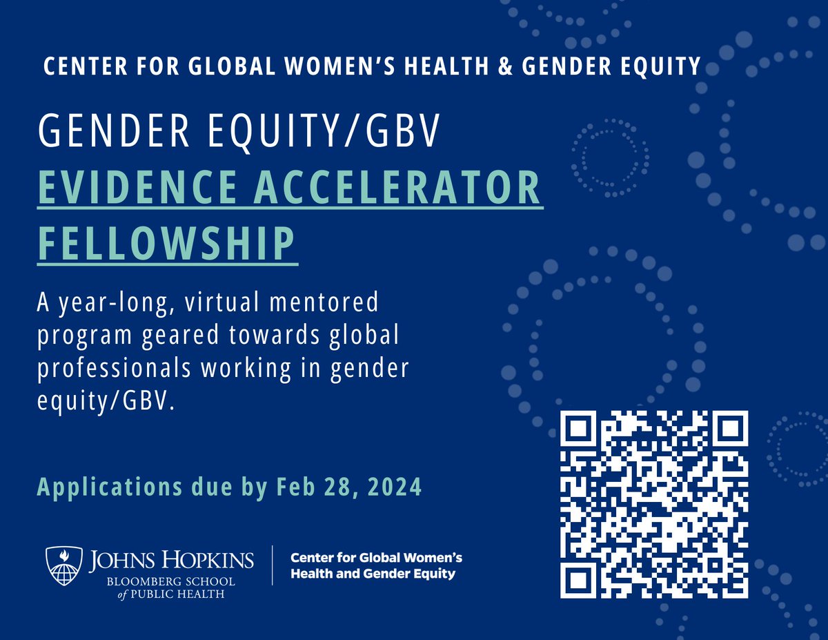 NEW! Join the Gender Equity/ GBV Evidence Accelerator Fellowship through JHU CGWHE. A year-long, virtual mentored program geared towards global professionals working in gender equity/GBV. 🔗publichealth.jhu.edu/center-for-glo… 🗓️Deadline Feb 28 Apply today!