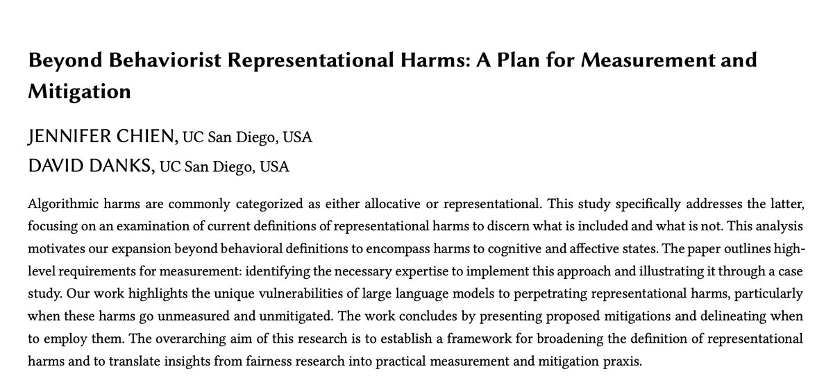 thechiennifer's tweet photo. What are "representational harms"? This work:
1) examines current definitions
2) proposes an expansion to include affective and cognitive states
3) provides high-level requirements for measurement
4) outlines the harms wrt LLMs and
5) mitigation strategies
https://t.co/rynEbE4a5Z https://t.co/7r6mFNmR6f