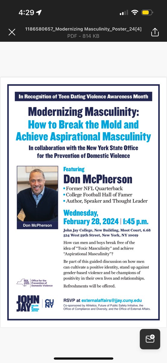 Today @GovKathyHochul  recognized Feb as Teen Dating Violence Awareness Month in NY State. In collab w the NY State Office for the Prevention of Domestic Violence we are hosting an on-campus discussion w @DonMcPherson on 2/28 at 1:45p EST. RSVP to externalaffairs@jjay.cuny.edu