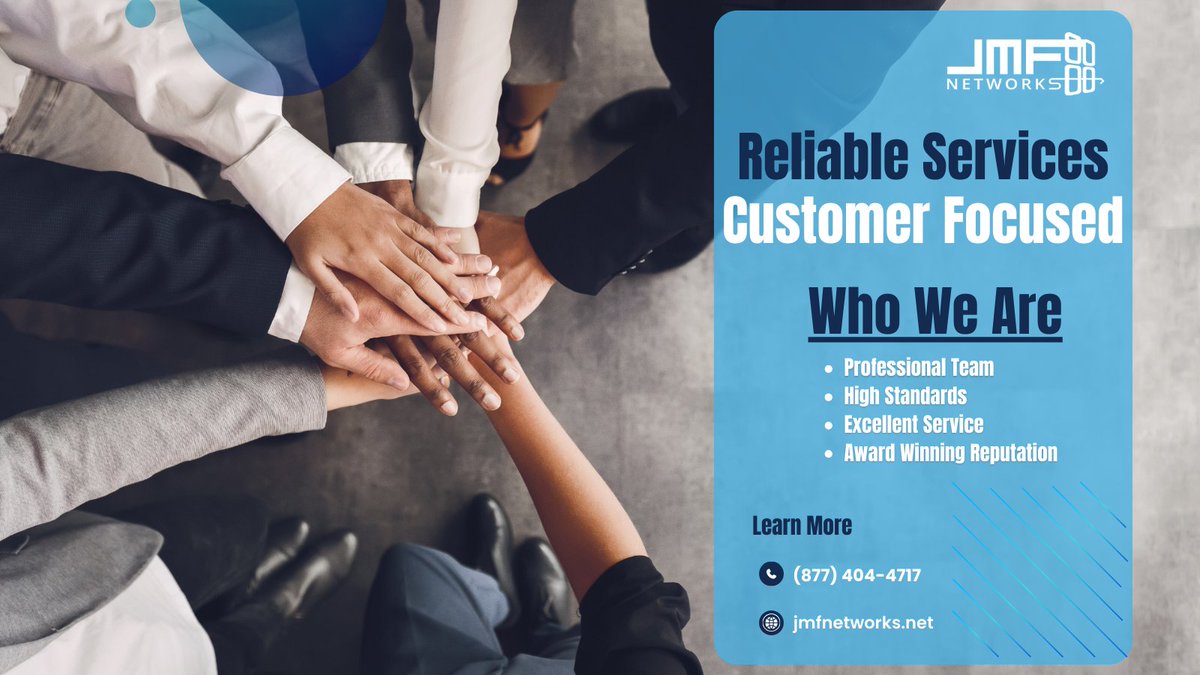 jmf_solutions's tweet image. Reliable Services – Customer Focused

Who We Are

We are a team of professionals whose practices are fundamentally based on the core principles and high standards of excellent service, award winning reputation and powerful teamwork.

Learn more about us at jmfnetworks.net