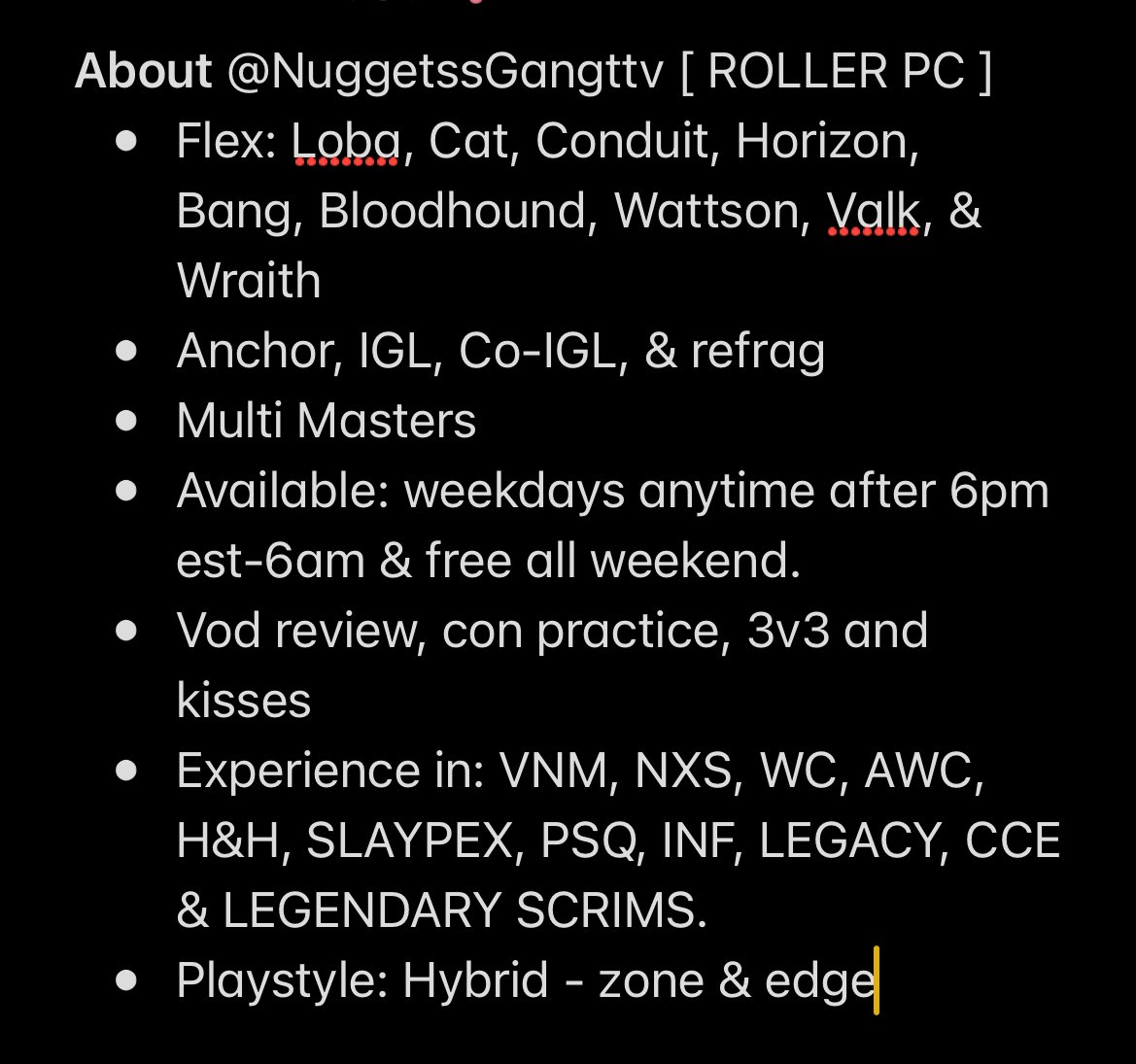 nuggetssgangttv's tweet photo. Updated LFT post :3 LFT or if anyone’s looking for LF1. CC, tourney or ranked. Vouches appreciated 🥹 https://t.co/RiAfP1rc7K