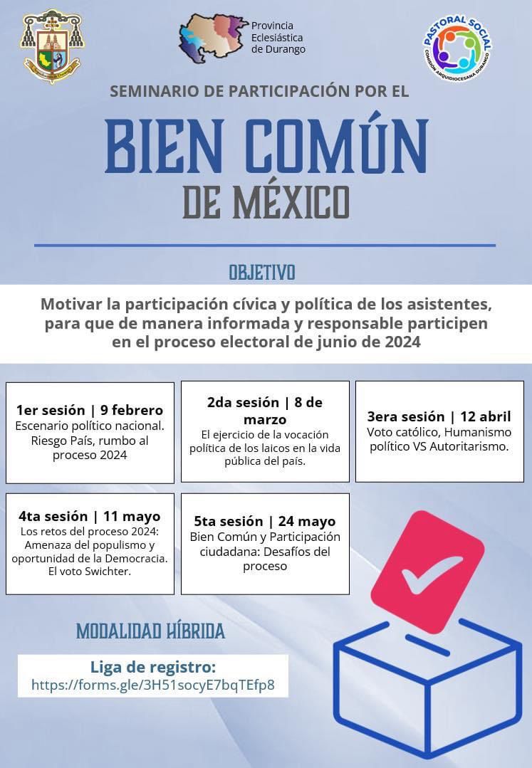MRMDurango's tweet photo. Los CIUDADANOS tenemos una valiosa herramienta, la INFORMACIÓN. 

La PASTORAL SOCIAL nos ofrece un SEMINARIO sobre PARTICIPACIÓN CÍVICA Y POLÍTICA rumbo a las elecciones.

Difundamos y hagamos que esté año las cosas en nuestro país combien.

#2024AñoCiudadano https://t.co/ZtJwhrxaw1