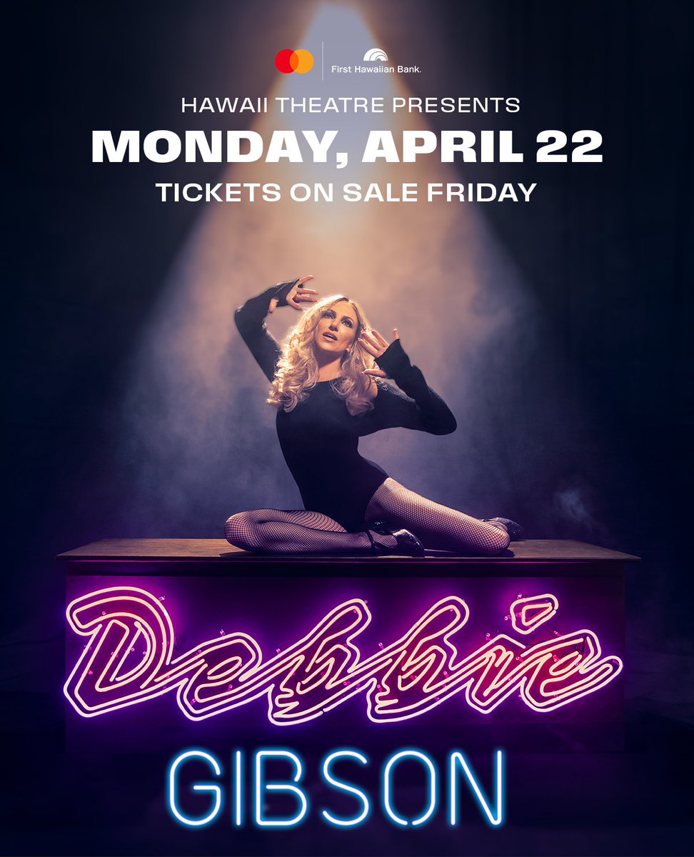 Join us at Hawaii Theatre to celebrate the 35th anniversary of Debbie’s hit Electric Youth! Presented by First Hawaiian Bank and Mastercard. Tickets go on sale to fan-club and HTC members later this week at hawaiitheatre.com/debbiegibson. Public on-sale will be Friday, February 16th.