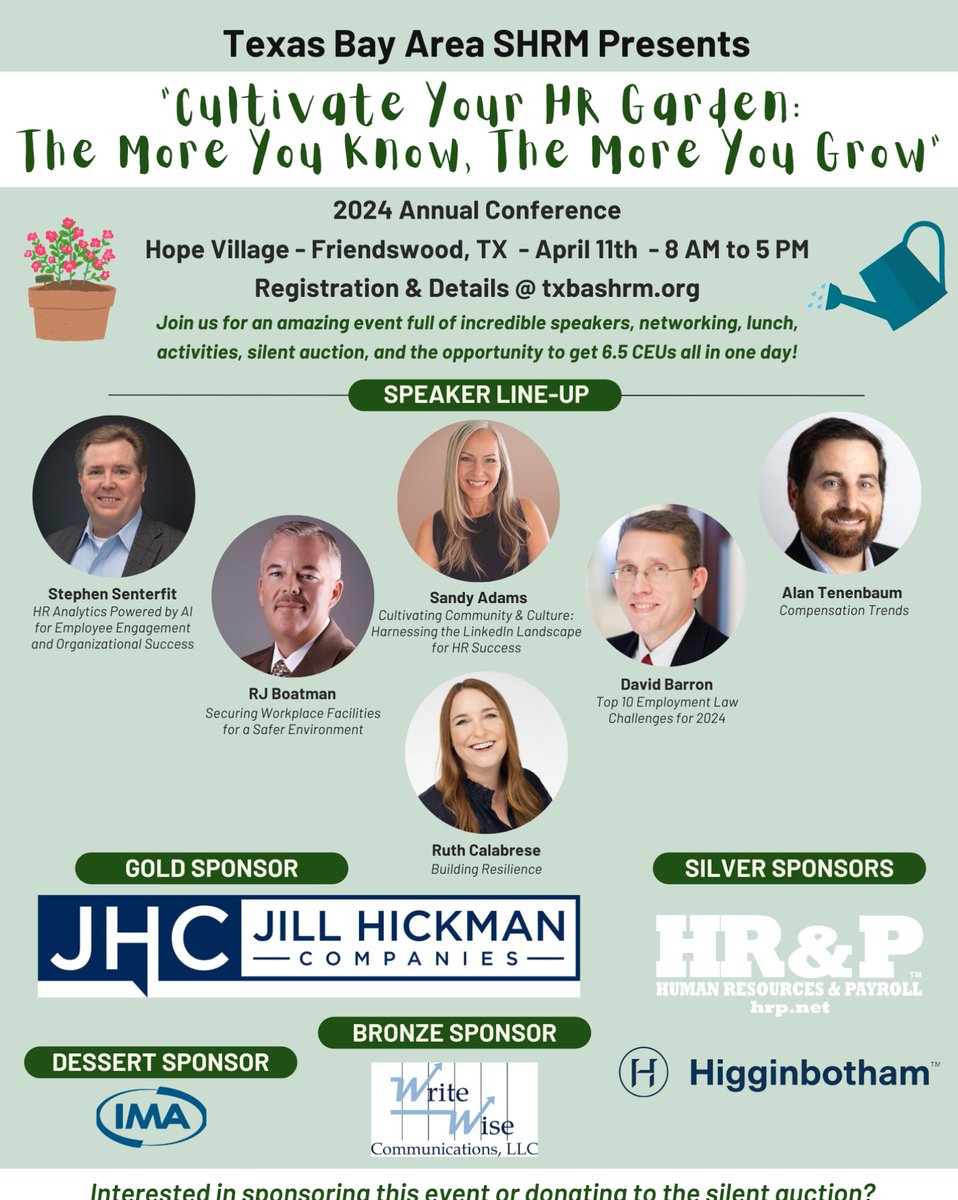 txbashrm's tweet image. **Early-bird pricing now available!**  We're excited to announce our 2024 annual conference will be held on Thursday, April 11th from 8 AM - 5 PM in Friendswood, TX. Don't miss this opportunity to get 6.5 SHRM &amp;amp; HRCI CEUs in one great day! 👉 TXBASHRM.ORG