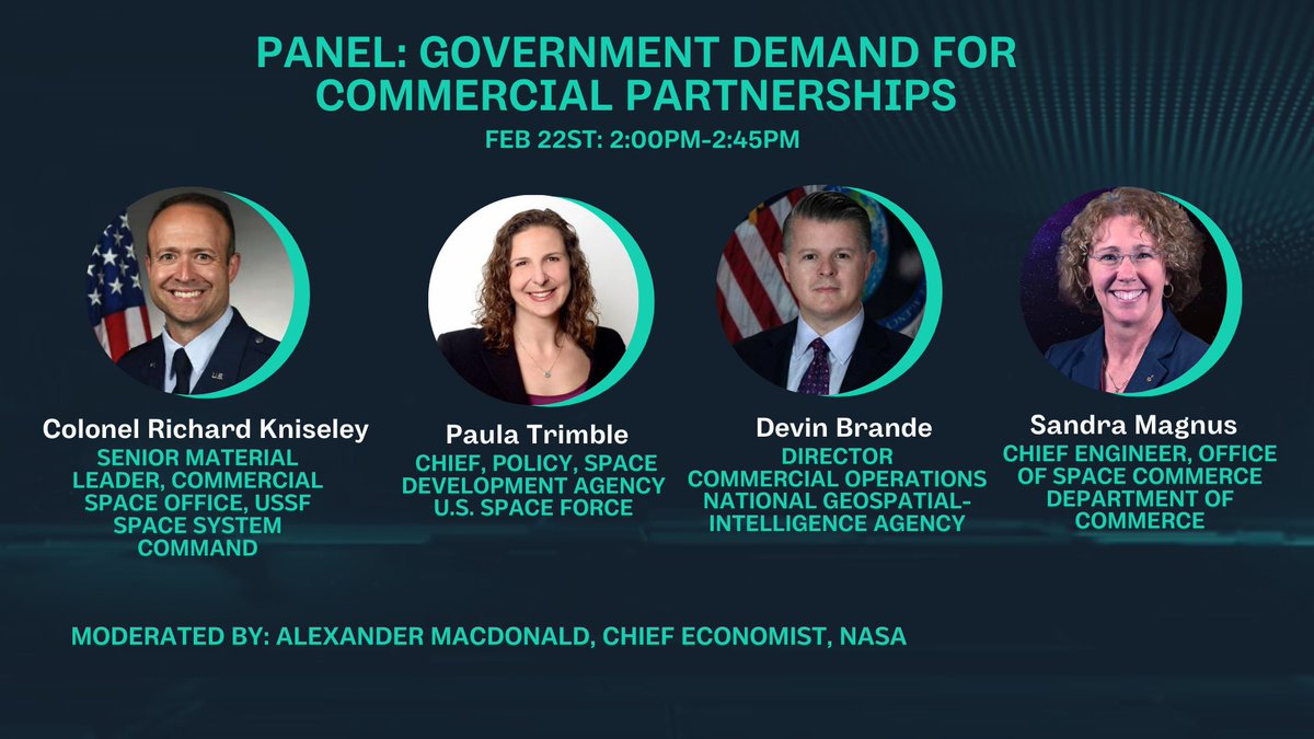 We're pleased to announce the distinguished panelists of the Government Demand for Commercial Partnerships Panel with Col. Kniseley @USSF_SSC, Paula Trimble @SpaceForceDoD, Devin Brande @NGA_GEOINT, and @Astro_Sandy @CommerceinSpace. Register here: cstconference.space