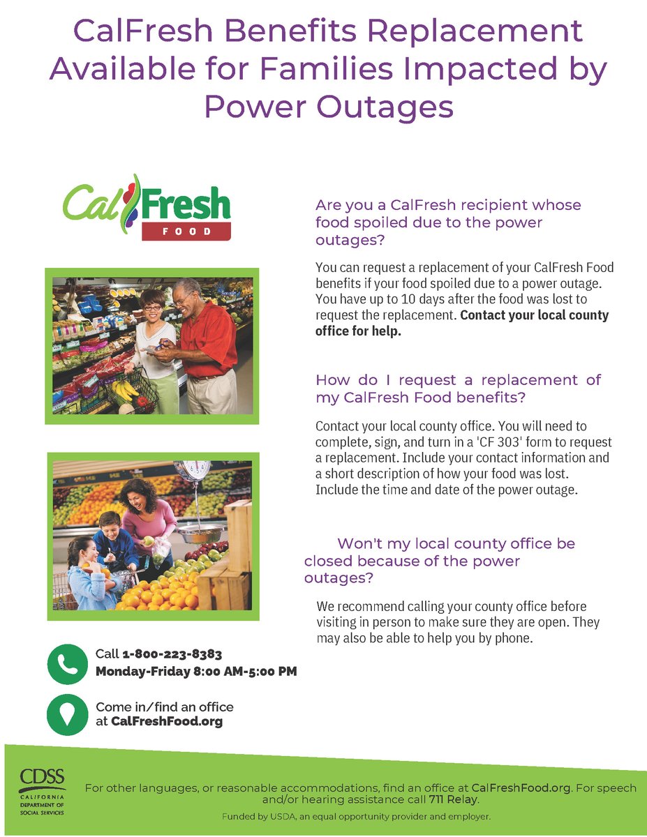Are you a @sanmateoco CalFresh recipient whose food spoiled due to the power outages? You can request a replacement of your CalFresh Food benefits if your food spoiled due to a power outage. Contact your County Worker directly or call our Service Center at 1 800-223-8383.