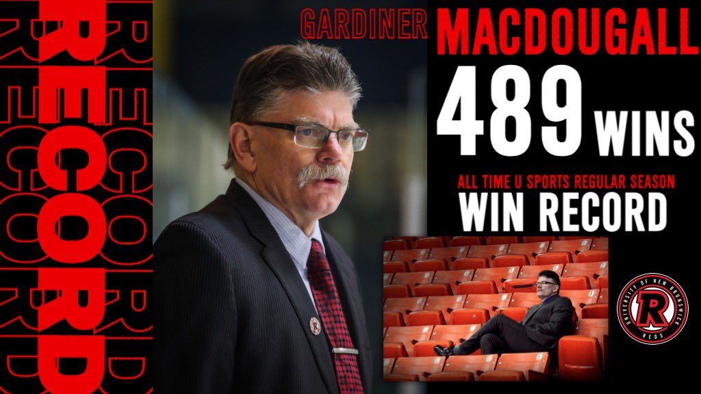 UNBMHockey's tweet photo. With tonight’s win, Coach Mac now stands alone as the winningest coach in @USPORTS_Hockey history‼️

Congrats Coach, we are proud of you‼️ https://t.co/oekOncFuXc