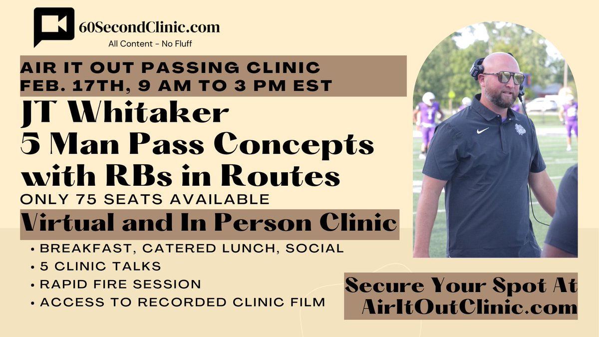 <a href="/CoachWhitaker1/">J.T. Whitaker</a> will be talking about how <a href="/BHSdogsfootball/">BHS Football</a> gets their RB involved in the pass game with their 5 man concepts

Register at 60secondclinic.com/airitout
