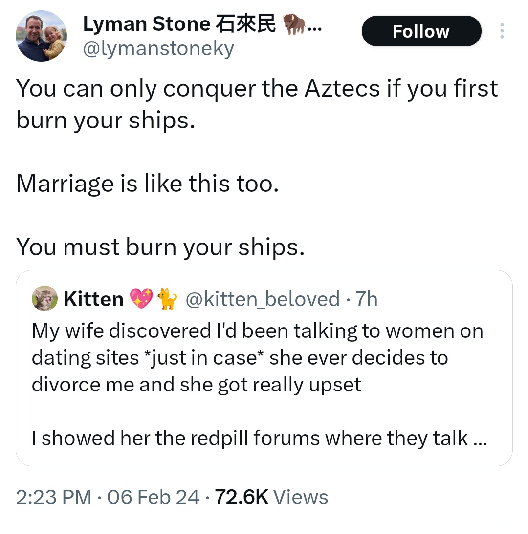 kisstheblade_'s tweet image. [most normal conservative in the world voice, offering marriage advice]

Love, like all good things in life, is a colonial project of extermination,