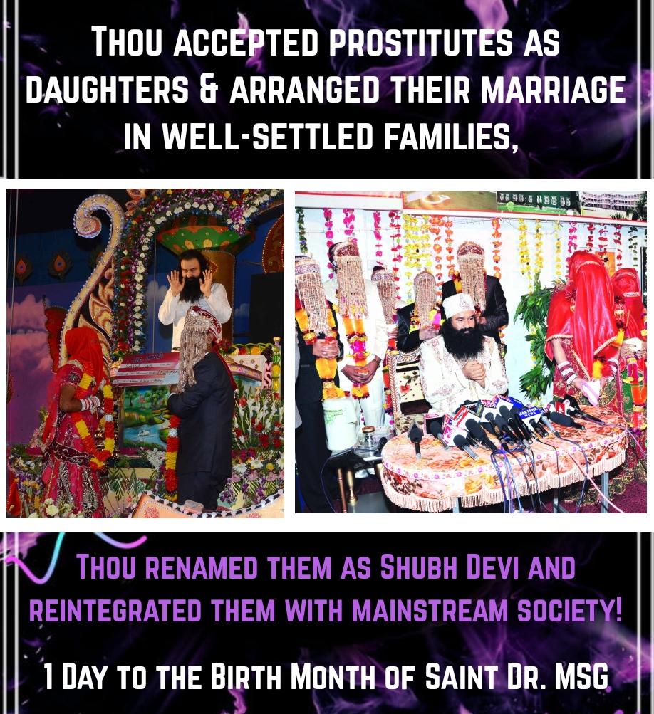 Taashu_chauhan's tweet photo. Thou accepted prostitutes as daughter & arranged their marriage in well Settled families, also Saint Ram Rahim ji, thou renamed them as #ShubhDevi ans reintegrates them with mainstream society.
#शुभ_देवी
#WomenEmpowerment https://t.co/pYEWzLMFoP